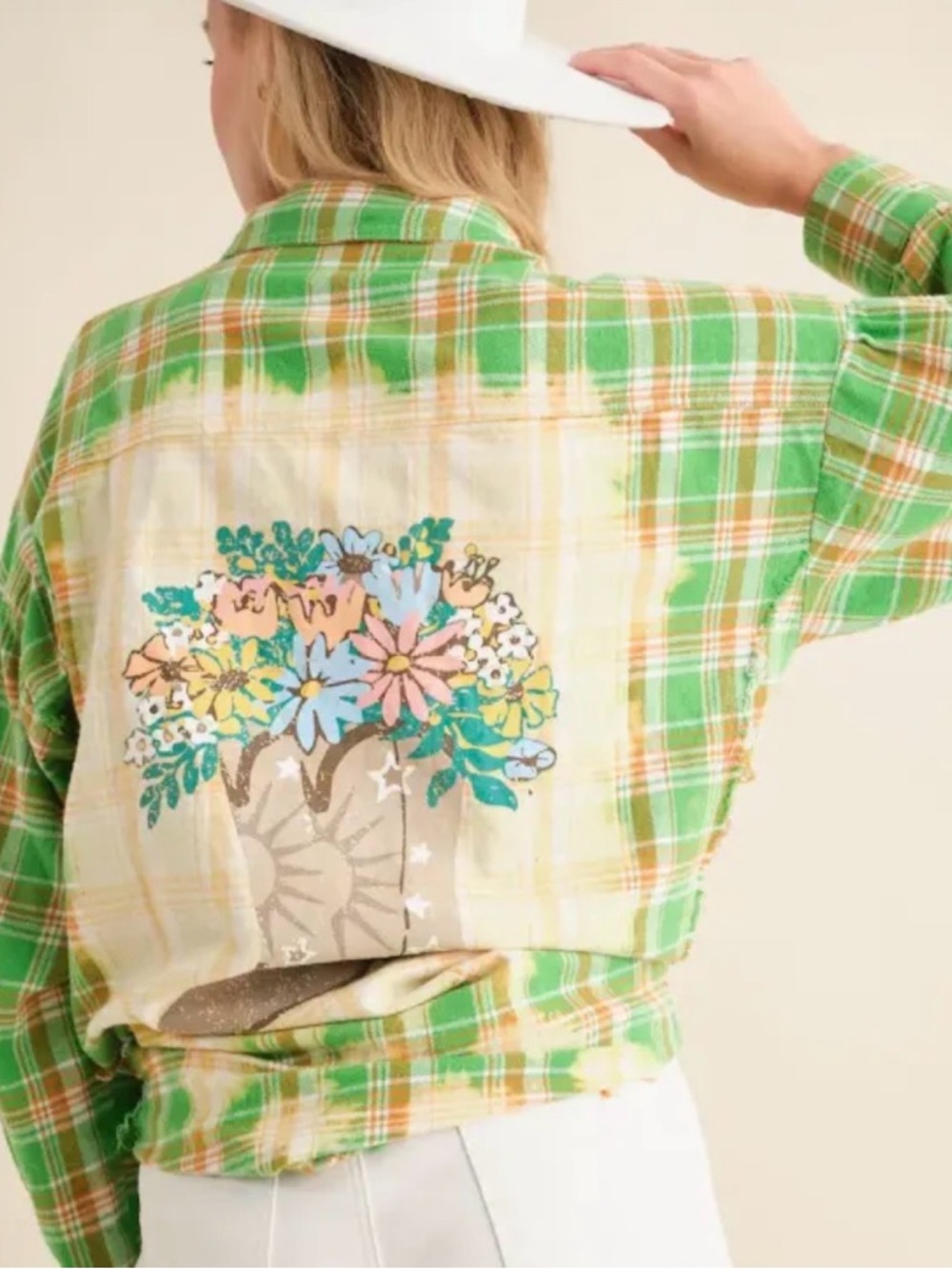 Blue B Green Plaid Button-Down Flannel Distressed Graphic Top